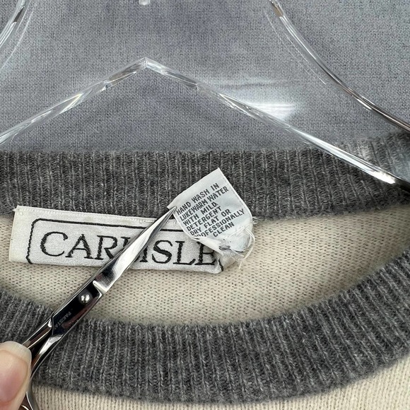 CARLISLE Sweater Womens L Cream Gray 100% Cashmere Vintage Long Sleeve Crew Neck - Picture 4 of 8